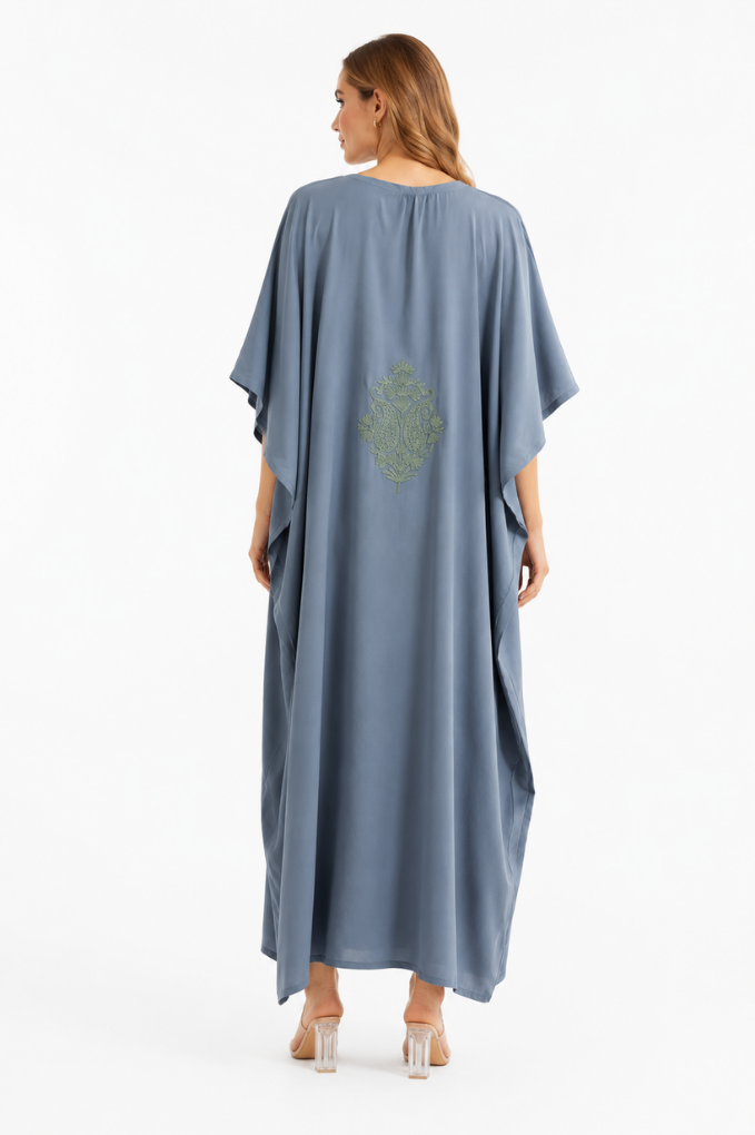 Misty Sage Crepe Kaftan with Celadon Aari Embroidery